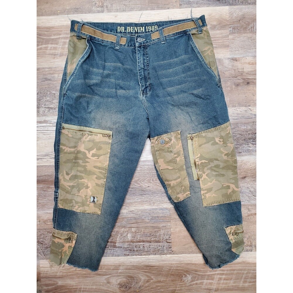 Vintage Dr. Denim Cropped Jeans Size 38 Camo Patches Zip Pockets Hip Hop Streets
